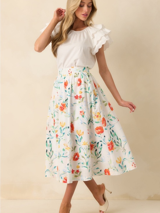 Prosperina Dresses & Skirts - NWT SIZE XS Floral White Midi Skirt with Coral and Yellow Blooms